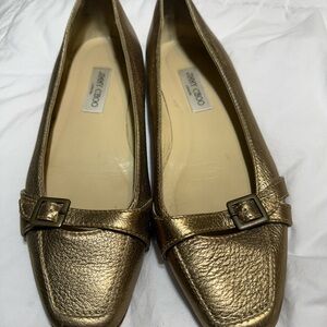 Jimmy Choo Metallic Gold Leather Buckle Flats Ballet